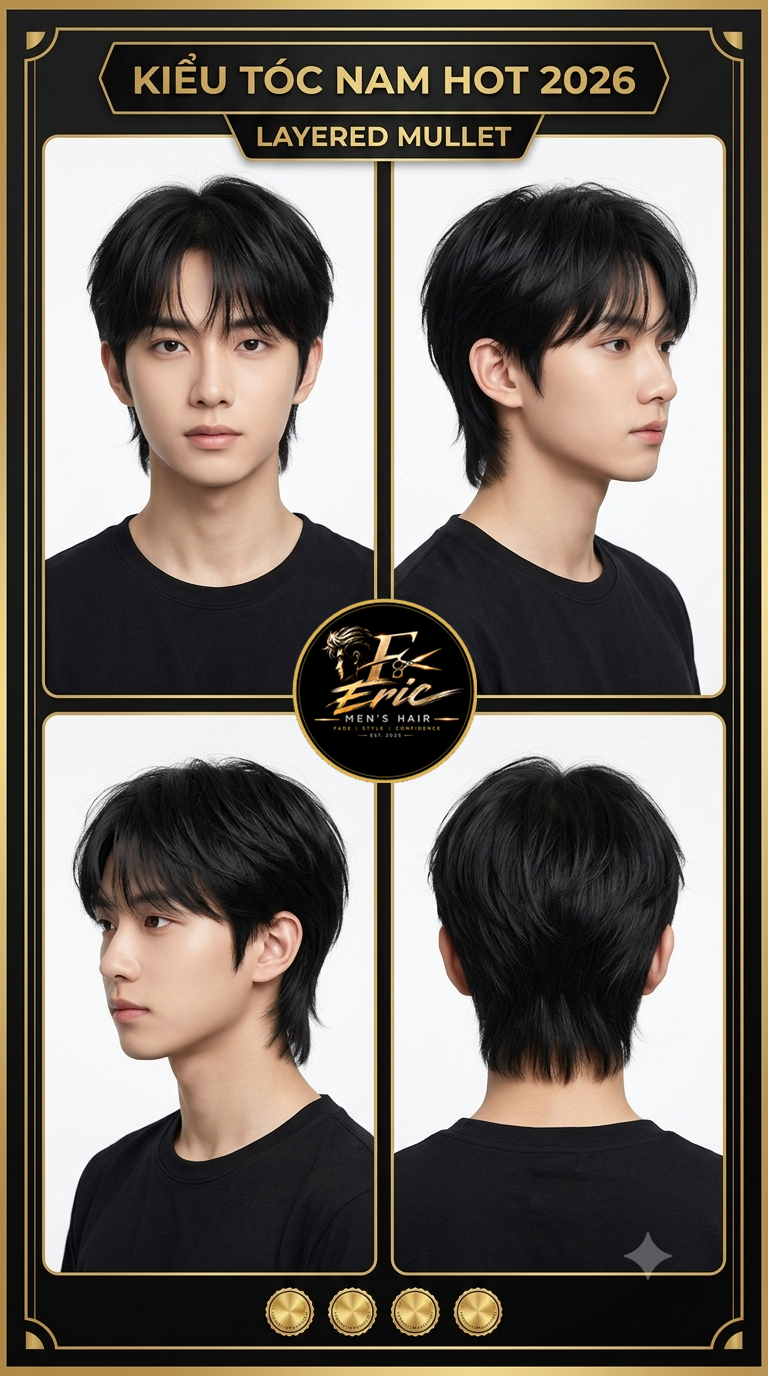 Kiểu tóc nam Mullet Hàn (Layered Mullet) 2026 nhìn 4 góc tại ERIC Tóc Nam Vũng Tàu