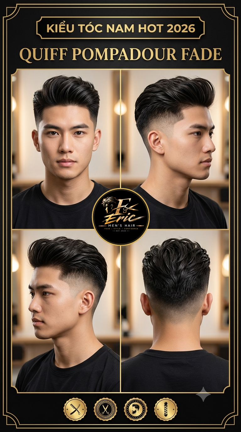Kiểu tóc nam Quiff Pompadour Fade 2026 nhìn 4 góc tại ERIC Tóc Nam Vũng Tàu